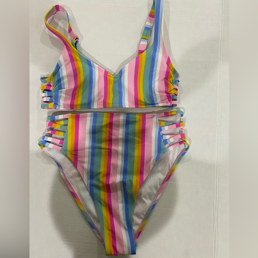 Xhilaration junior women 2 piece striped high waisted bikini top L bottoms M